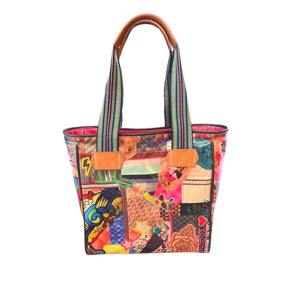Consuela Patches Legacy Classic Leather Cloth Coated Canvas Viva Tote Bag - Picture 2 of 9
